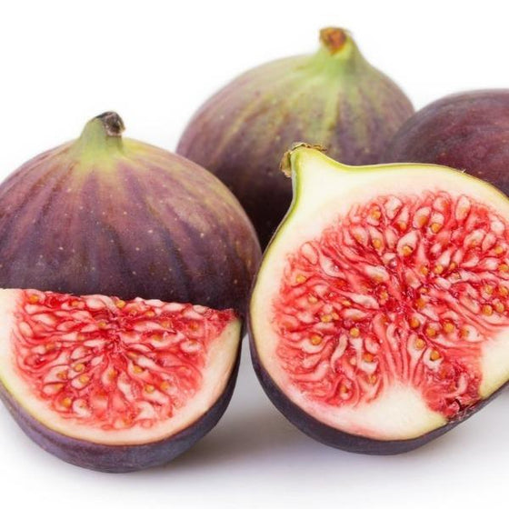 Ripe purple chicago hardy figs sliced open showing red fruit flesh