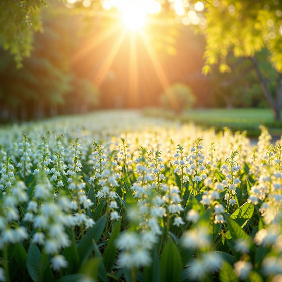 Lily of the Valley forming a dense shade ground cover under trees, glossy green leaves with white bell flowers for spring fragrance.