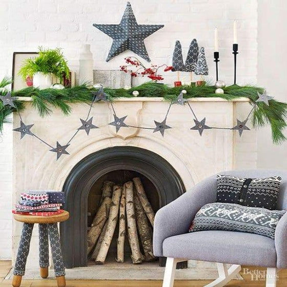 Fresh White Pine Garland on Decorated Fireplace Mantle