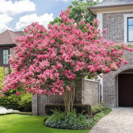 Sioux Crape Myrtle with dark pink summer flower clusters and green foliage in a sunny front yard landscape